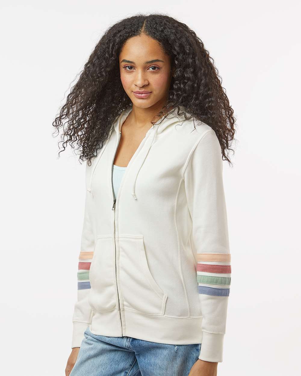 Women's Striped Sleeves Full-Zip Hooded Sweatshirt