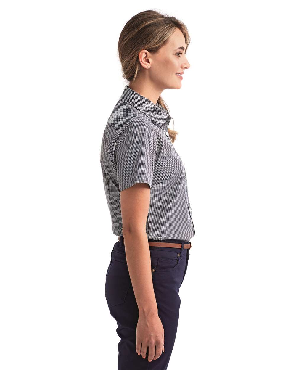 Women's Microcheck Gingham Short Sleeve Cotton Dress Shirt