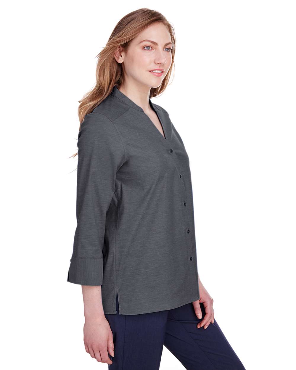Women's Crown CollectionÂ® Stretch Pinpoint Chambra Three-Quarter Sleeve Shirt