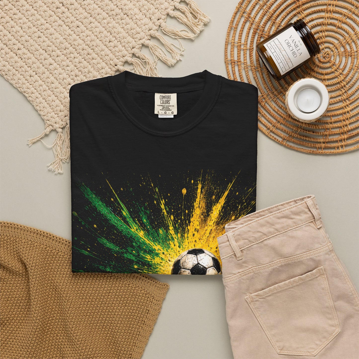 Brazil 2026 | World Cup Soccer Ball Explosion Shirt Design | Green Yellow Paint Burst Football