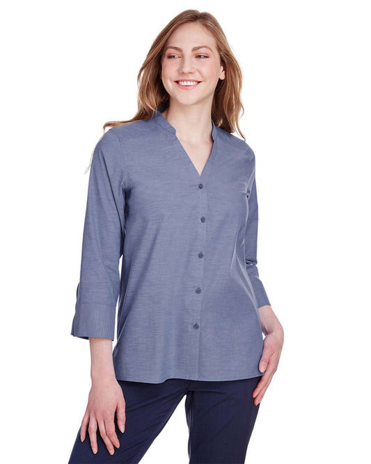 Women's Crown CollectionÂ® Stretch Pinpoint Chambra Three-Quarter Sleeve Shirt