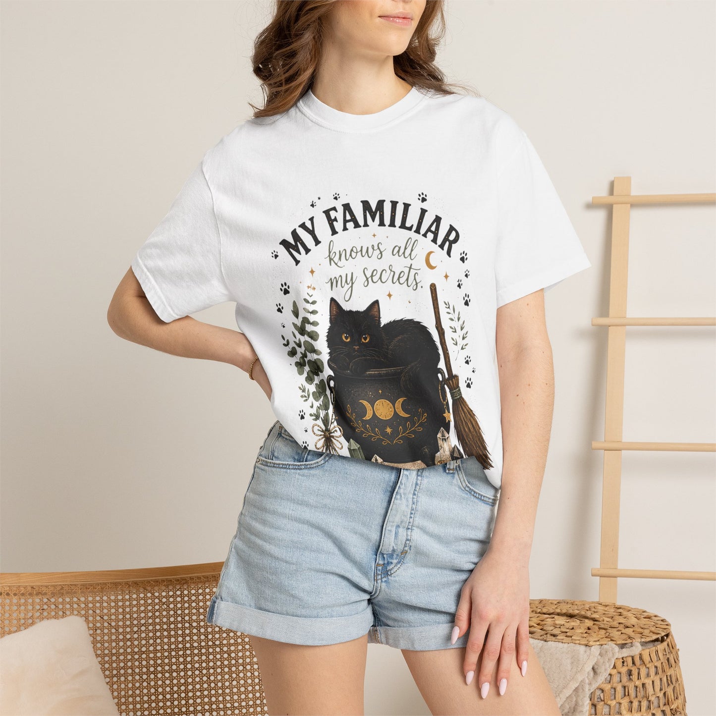 My Familiar Knows All My Secrets Black Cat Cauldron | Premium Graphic Tee
