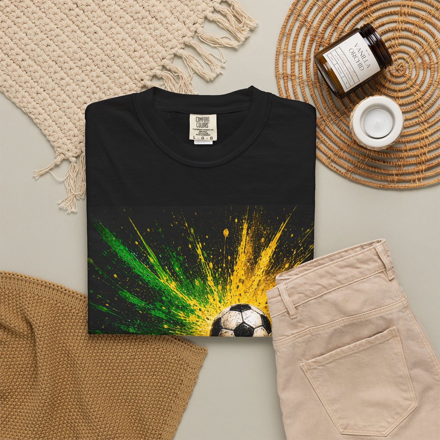 Brazil 2026 | World Cup Soccer Ball Explosion Shirt Design | Green Yellow Paint Burst Football