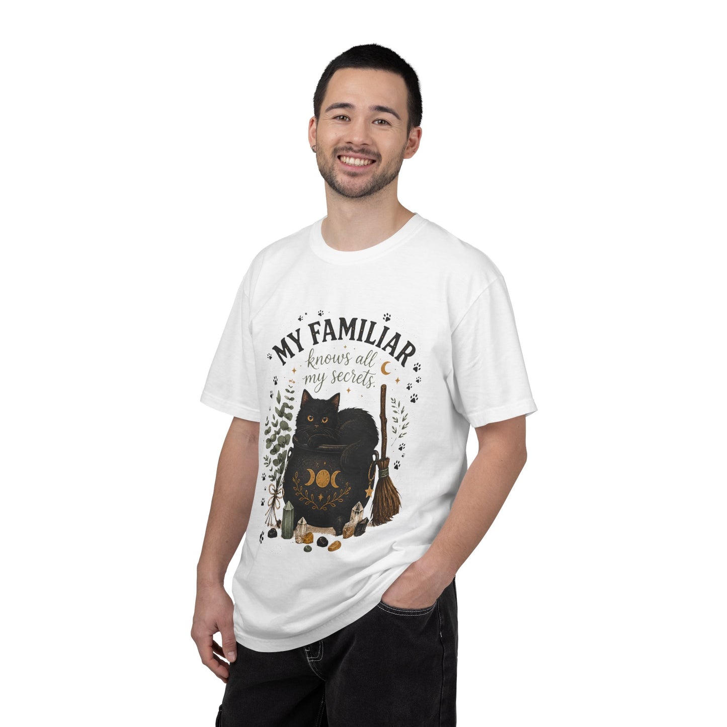 My Familiar Knows All My Secrets Black Cat Cauldron | Premium Graphic Tee