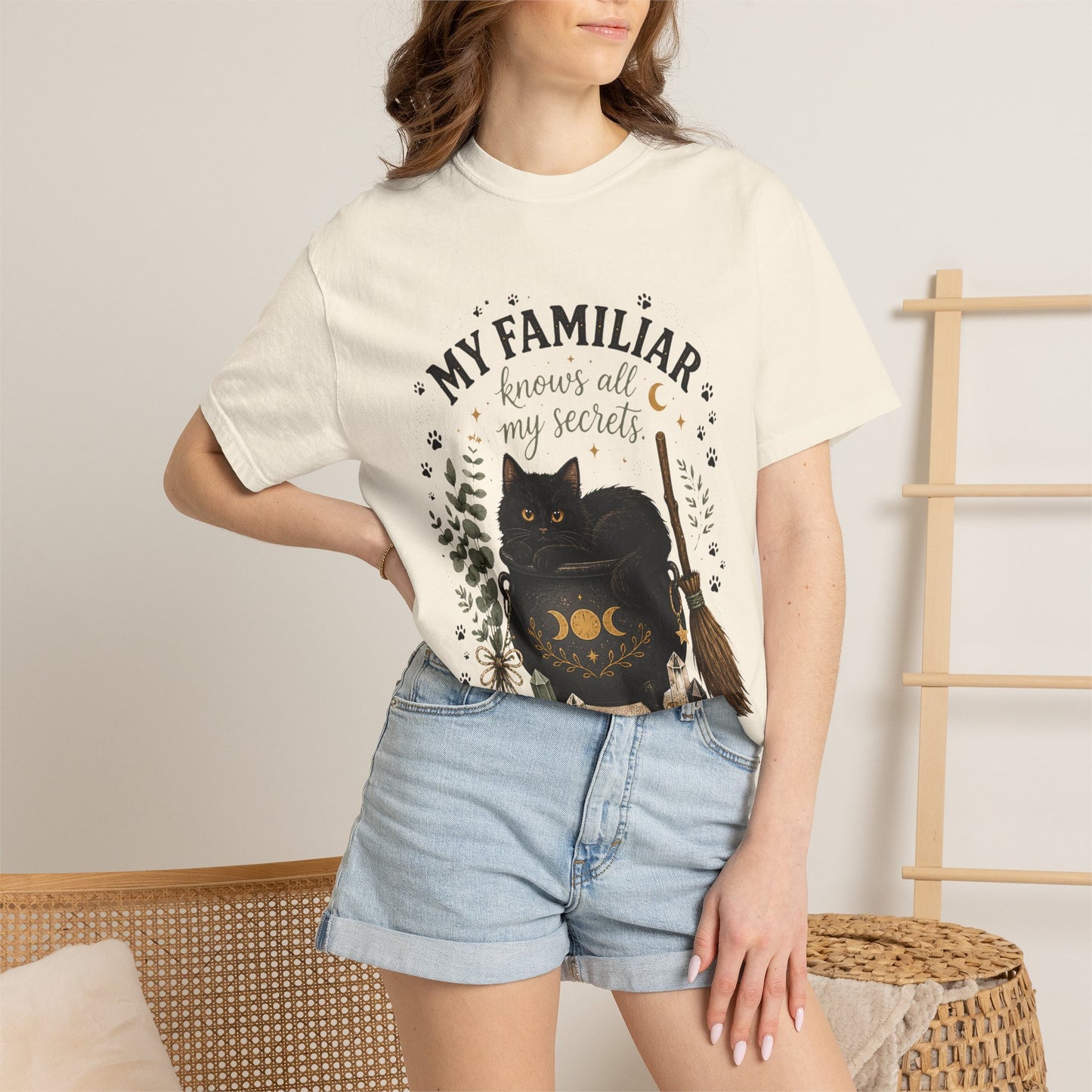 My Familiar Knows All My Secrets Black Cat Cauldron | Premium Graphic Tee