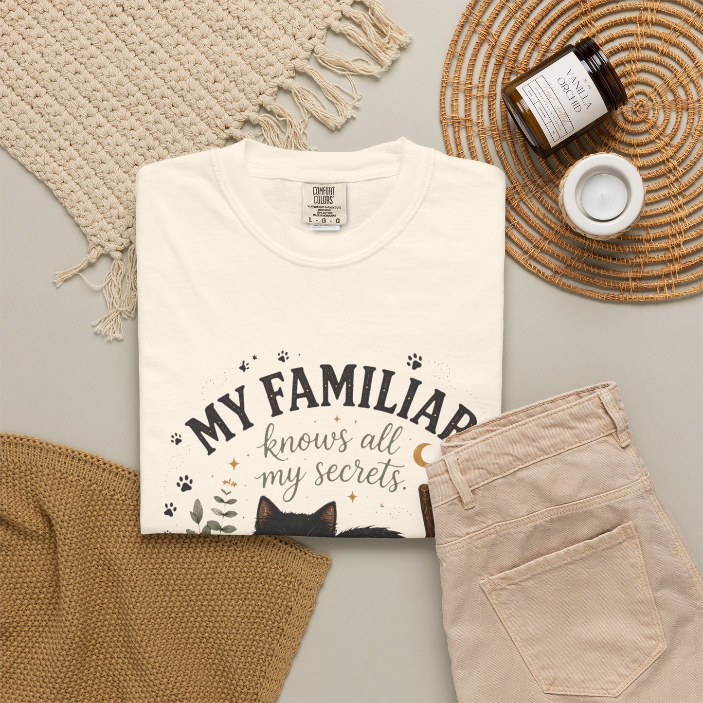 My Familiar Knows All My Secrets Black Cat Cauldron | Premium Graphic Tee