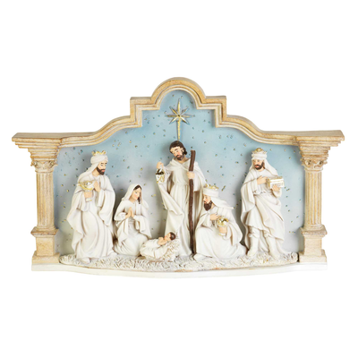 Dicksons Nativity City Scene White and Blue 14.5 Inch Resin Christmas Tabletop Figurine