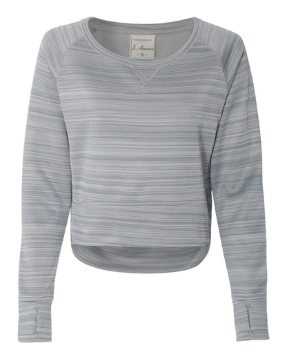 J. America 8663 Women Odyssey Striped Performance Fleece Hi-Low Crewneck Sweatshirt