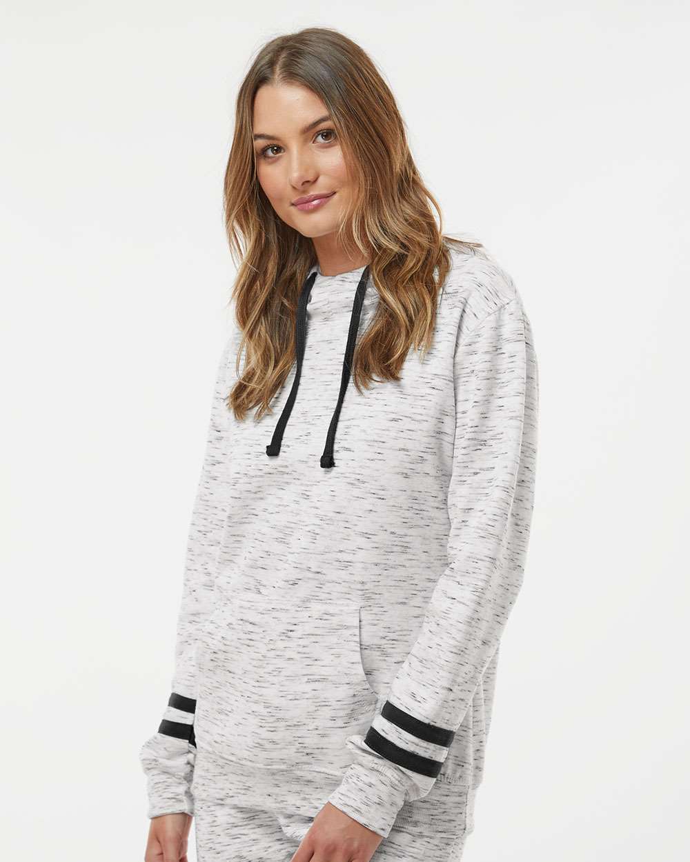 WomenÂ’s MÃ©lange Fleece Striped-Sleeve Hooded Sweatshirt