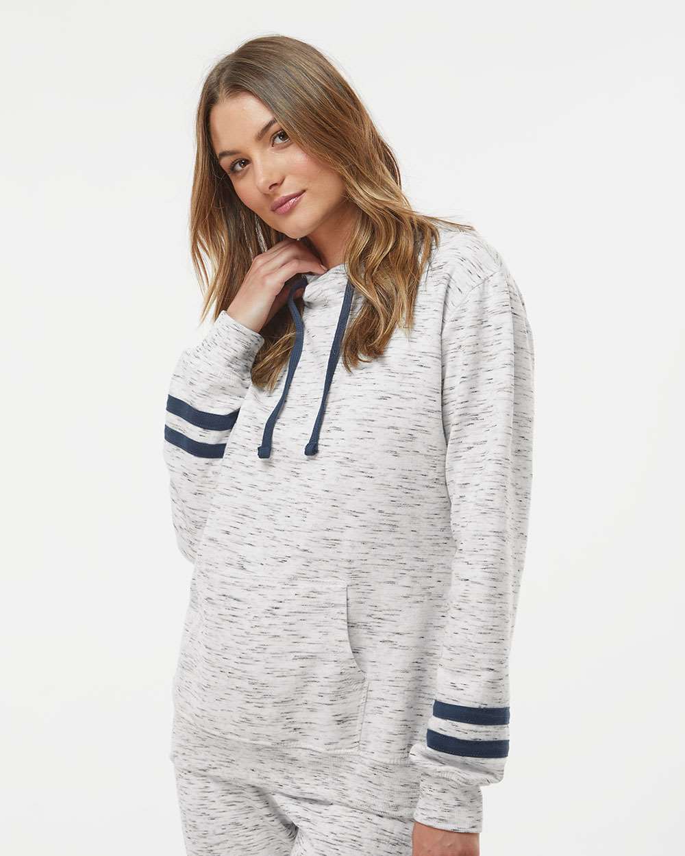 WomenÂ’s MÃ©lange Fleece Striped-Sleeve Hooded Sweatshirt