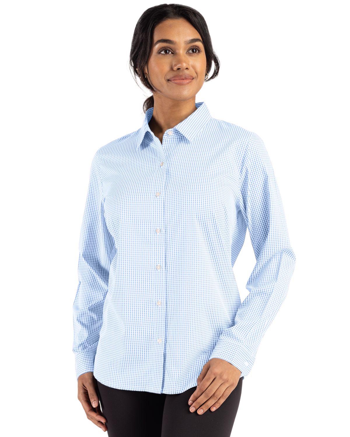 Cutter & Buck Skyline Recycled Gingham Womens Long Sleeve Spread Collar Dress Shirt