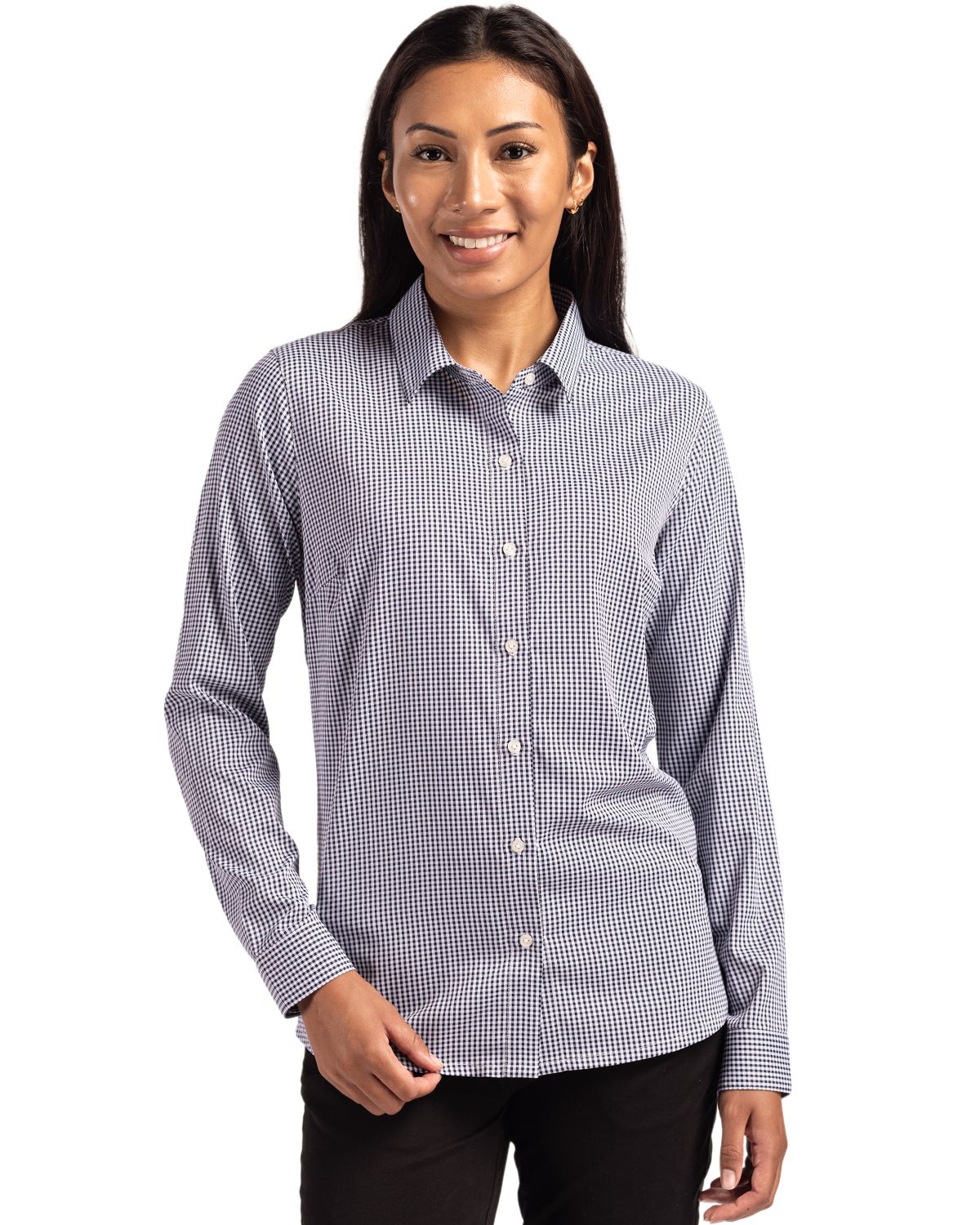 Cutter & Buck Skyline Recycled Gingham Womens Long Sleeve Spread Collar Dress Shirt
