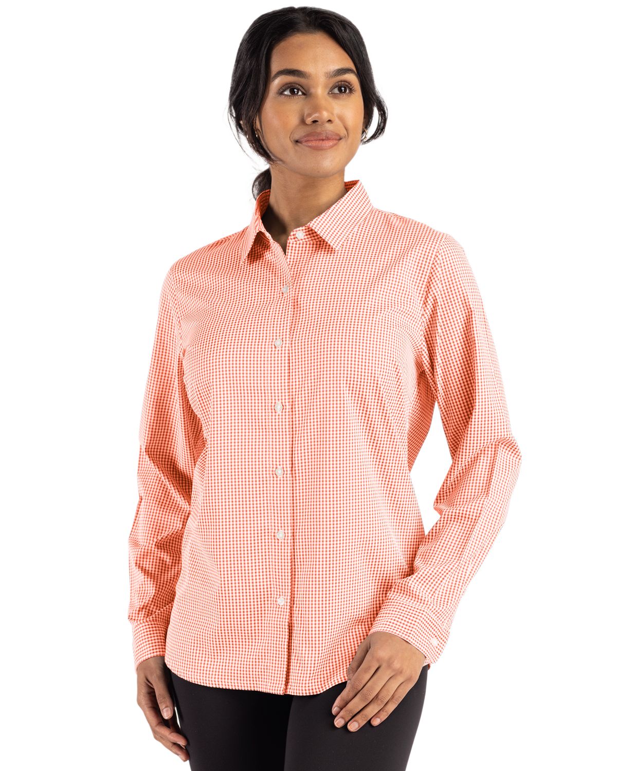 Cutter & Buck Skyline Recycled Gingham Womens Long Sleeve Spread Collar Dress Shirt