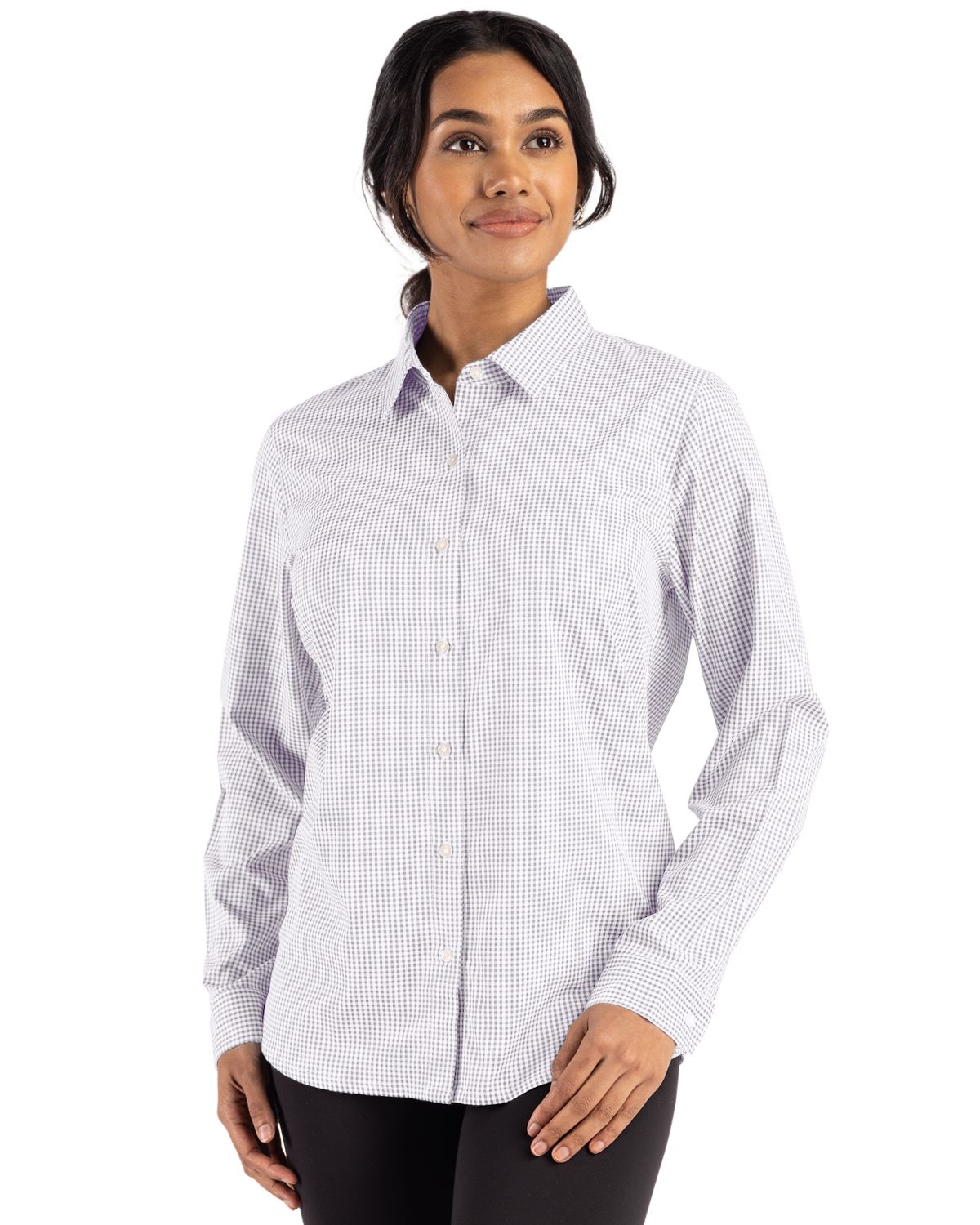 Cutter & Buck Skyline Recycled Gingham Womens Long Sleeve Spread Collar Dress Shirt