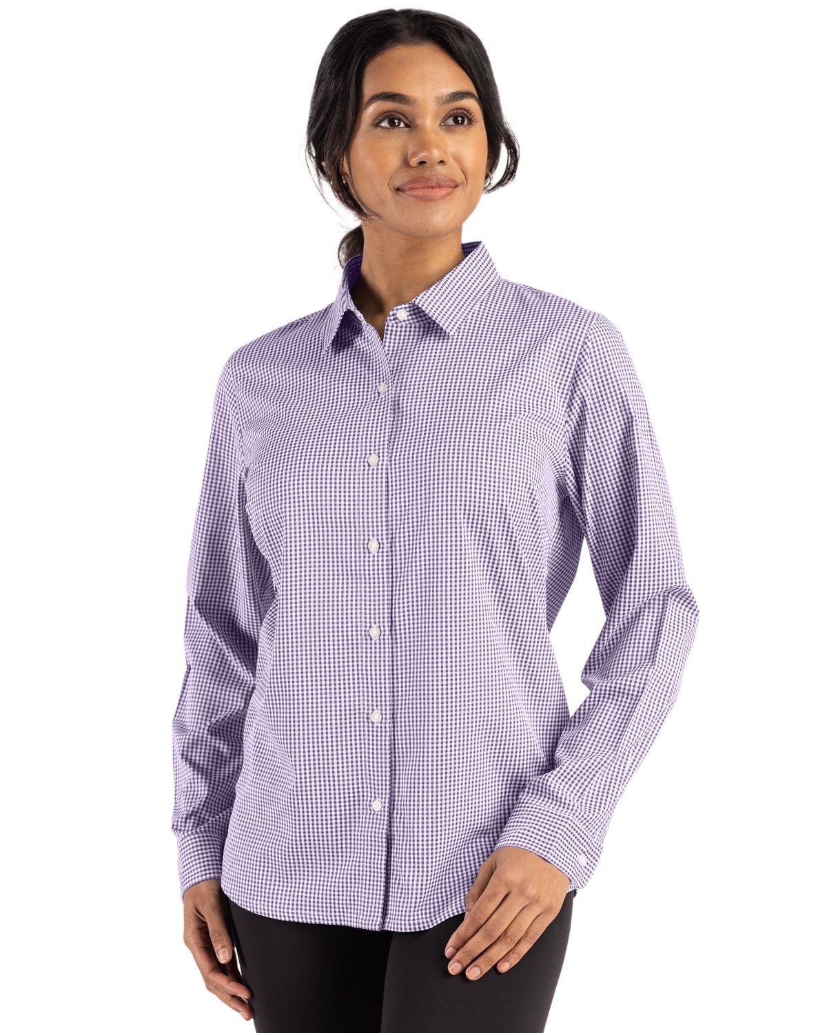 Cutter & Buck Skyline Recycled Gingham Womens Long Sleeve Spread Collar Dress Shirt