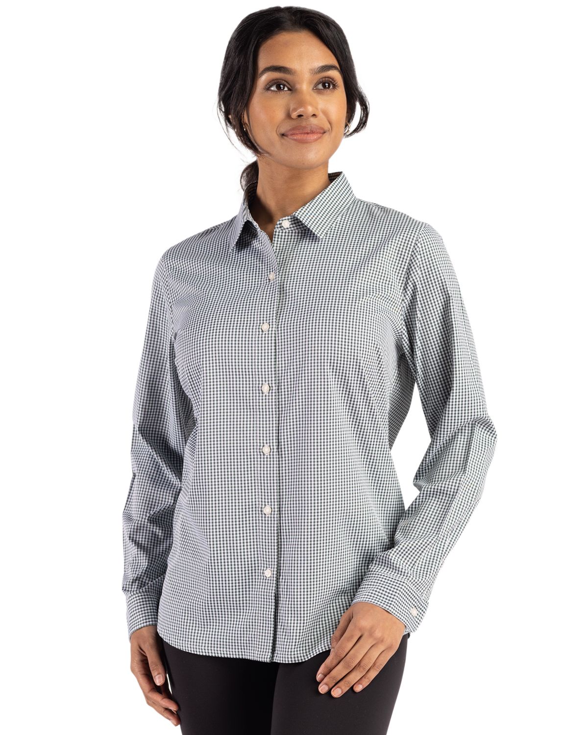 Cutter & Buck Skyline Recycled Gingham Womens Long Sleeve Spread Collar Dress Shirt