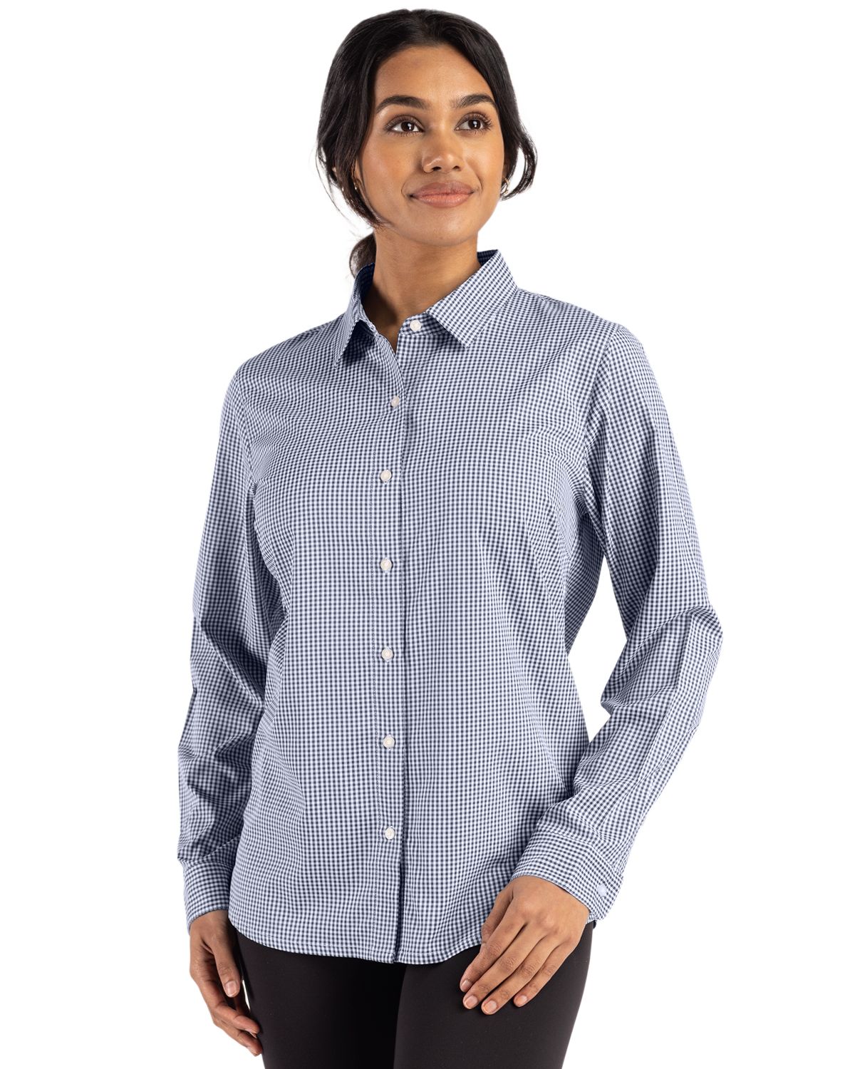 Cutter & Buck Skyline Recycled Gingham Womens Long Sleeve Spread Collar Dress Shirt