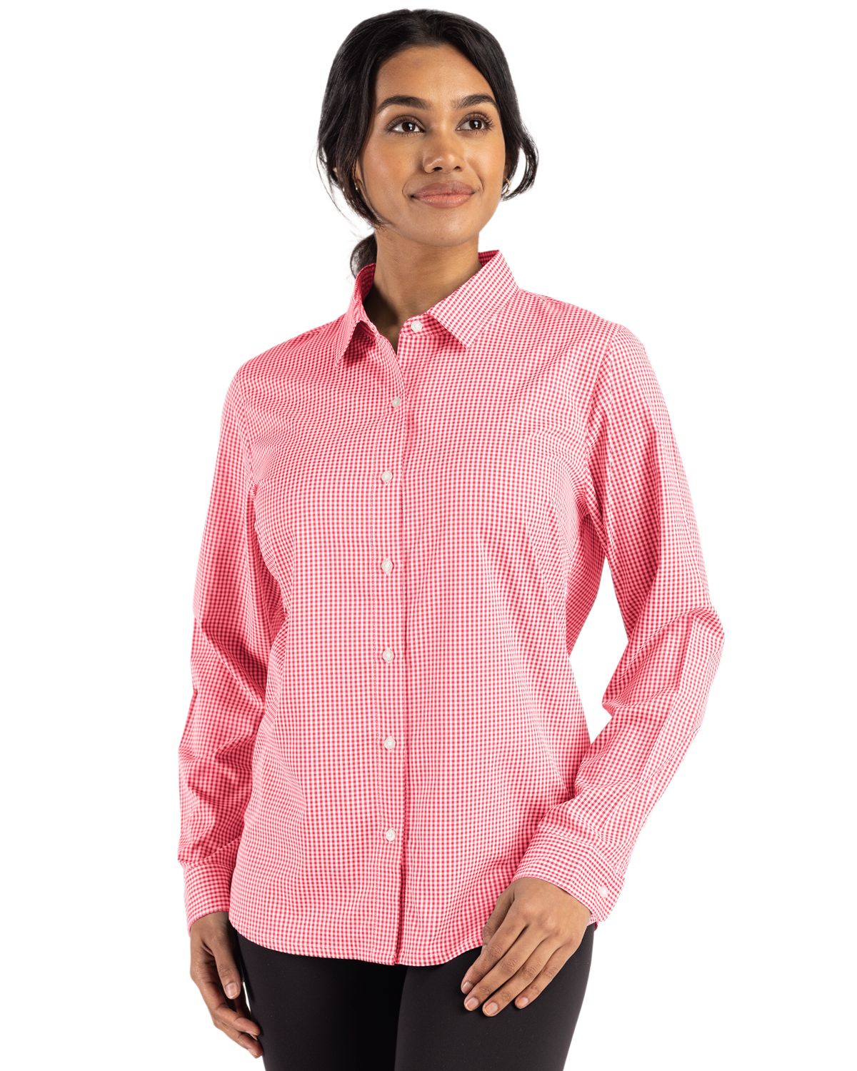 Cutter & Buck Skyline Recycled Gingham Womens Long Sleeve Spread Collar Dress Shirt