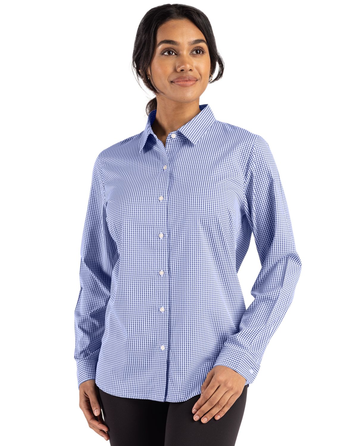Cutter & Buck Skyline Recycled Gingham Womens Long Sleeve Spread Collar Dress Shirt
