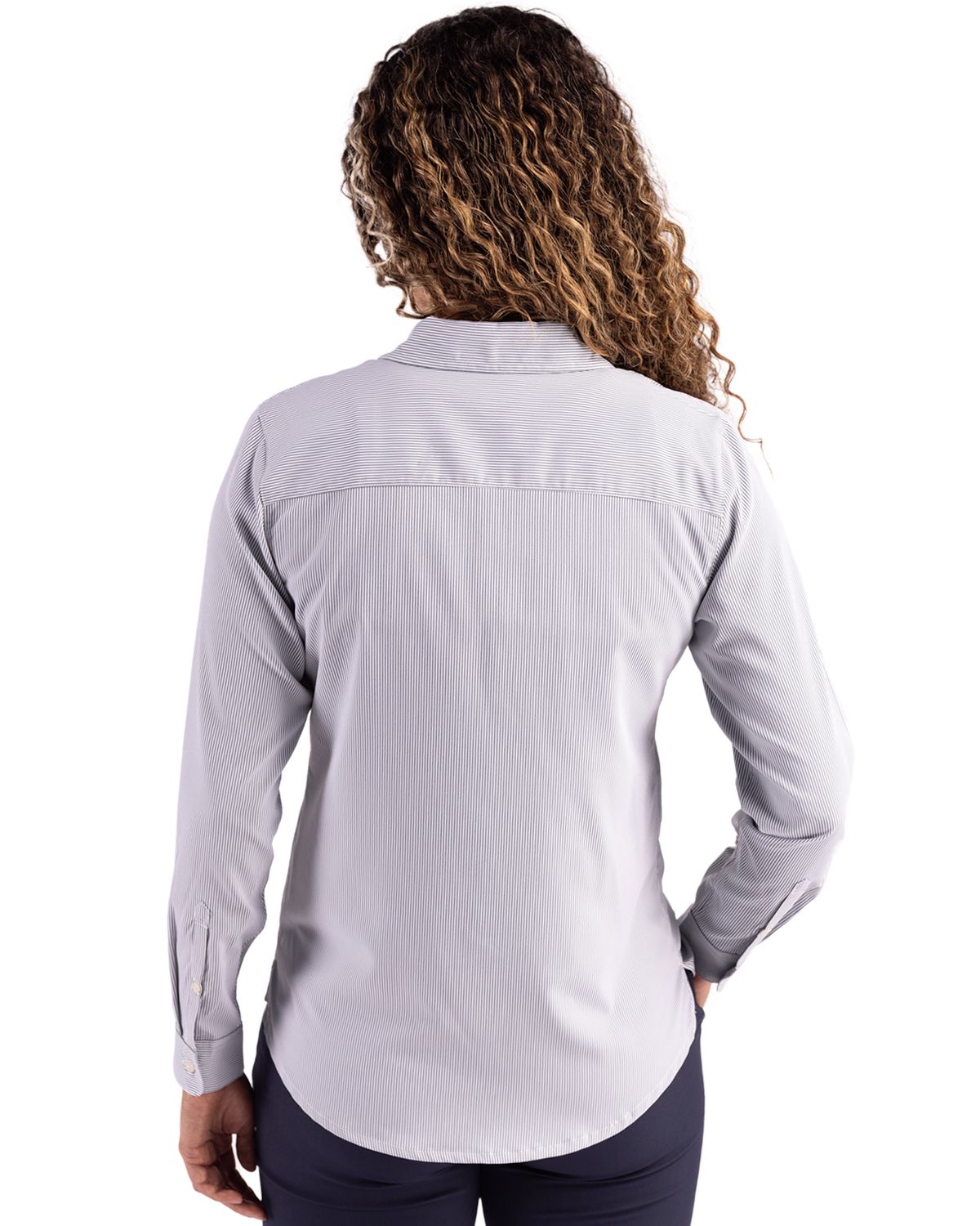 Cutter & Buck Skyline Recycled Pinstripe Womens Long Sleeve Spread Collar Dress Shirt