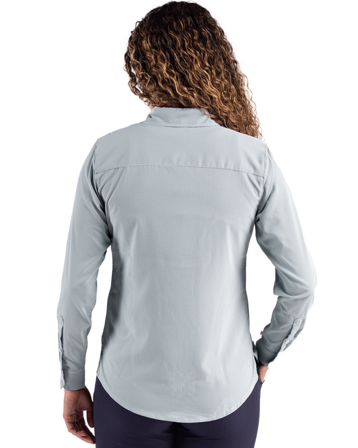 Cutter & Buck Skyline Recycled Pinstripe Womens Long Sleeve Spread Collar Dress Shirt