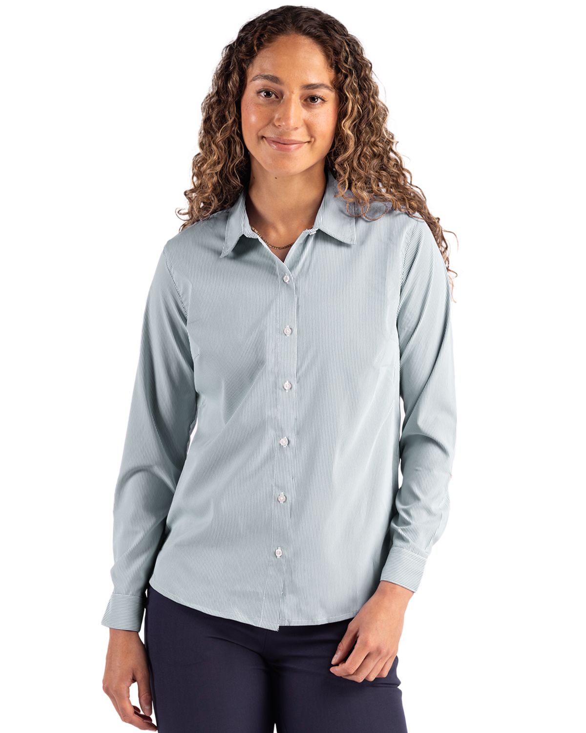 Cutter & Buck Skyline Recycled Pinstripe Womens Long Sleeve Spread Collar Dress Shirt