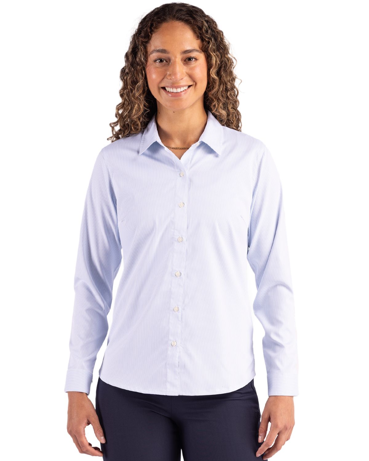Cutter & Buck Skyline Recycled Pinstripe Womens Long Sleeve Spread Collar Dress Shirt