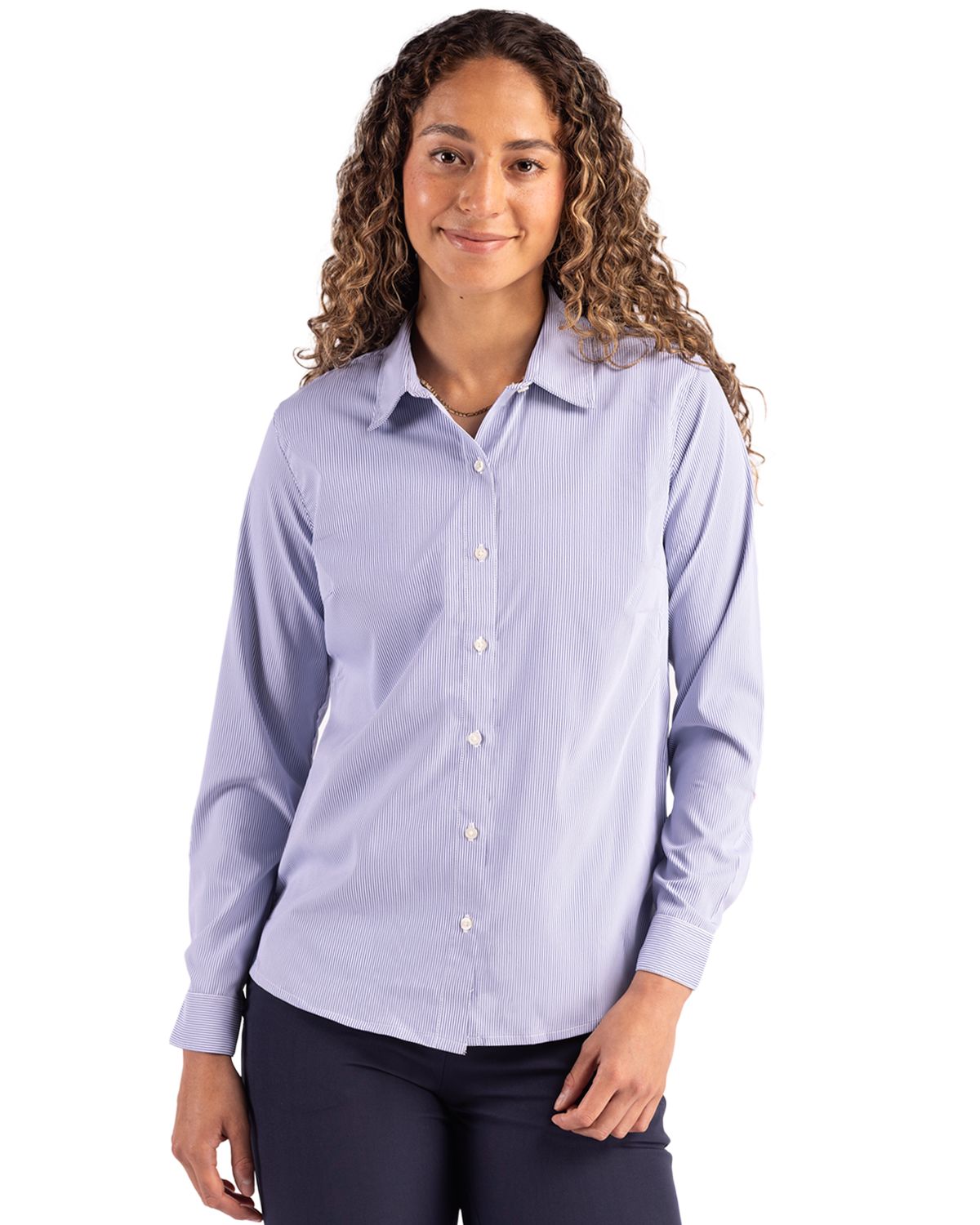Cutter & Buck Skyline Recycled Pinstripe Womens Long Sleeve Spread Collar Dress Shirt