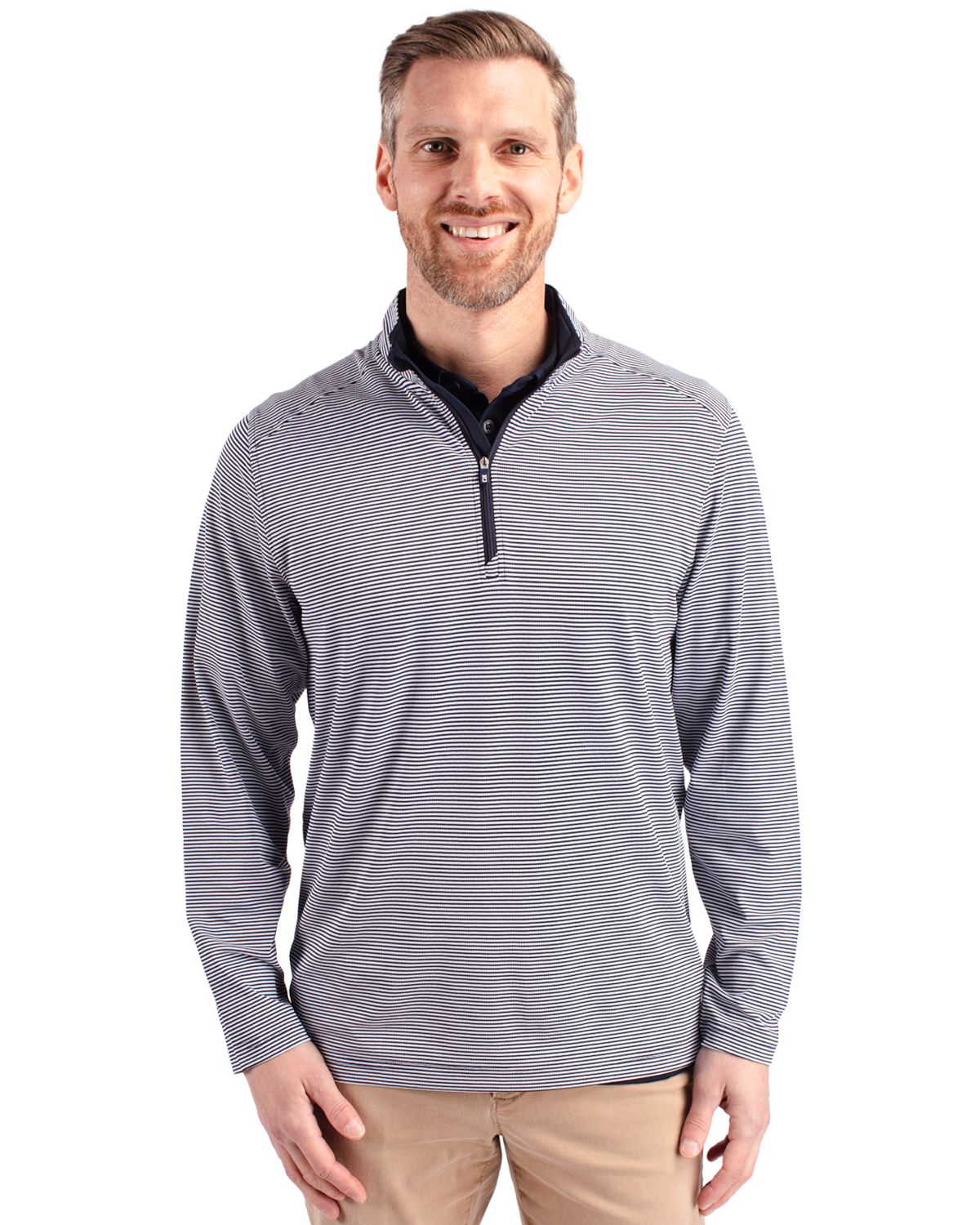 Cutter & Buck Virtue Recycled Micro Stripe Featherlight Pique Mens Quarter Zip Pullover